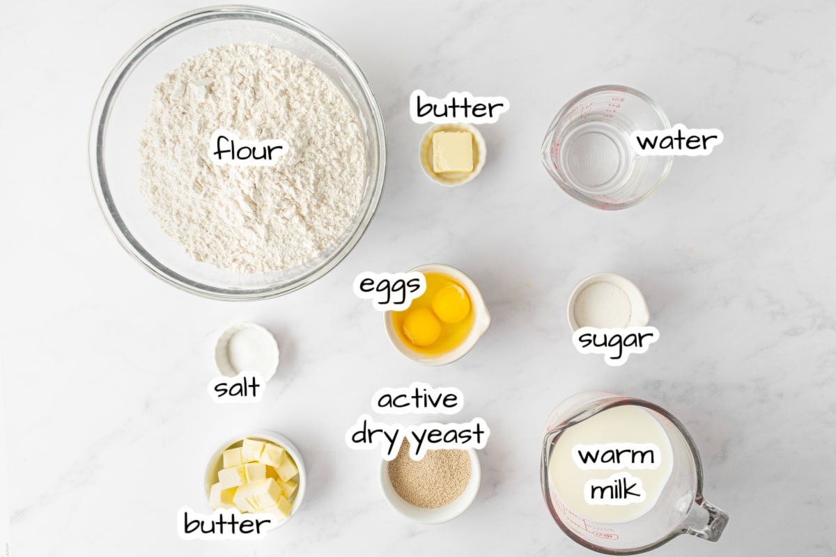 Sally Lunn bread is a soft, slightly sweet old-fashioned favorite yeast bread baked in a tube pan. Perfect for brunch or serving warm with butter and jam! Soft, buttery and so good. ingredients displayed for making sally lunn bread