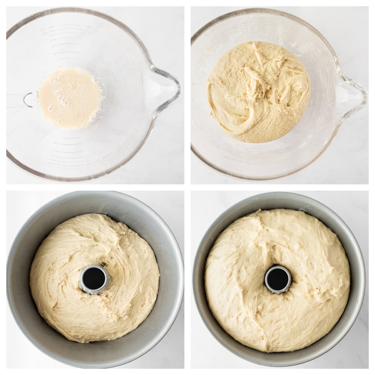 Sally Lunn bread is a soft, slightly sweet old-fashioned favorite yeast bread baked in a tube pan. Perfect for brunch or serving warm with butter and jam! Soft, buttery and so good. four photos showing how to make sally lunn bread