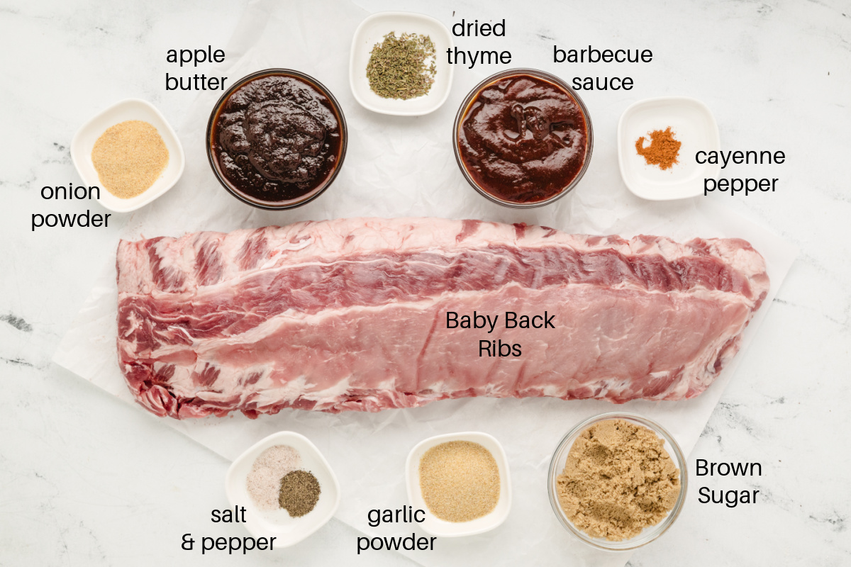 Slow Cooker Baby Back Ribs recipe from RecipeGirl.com : crockpot ribs : crock pot ribs : slow cooked pork ribs ingredients displayed for making slow cooker baby back ribs