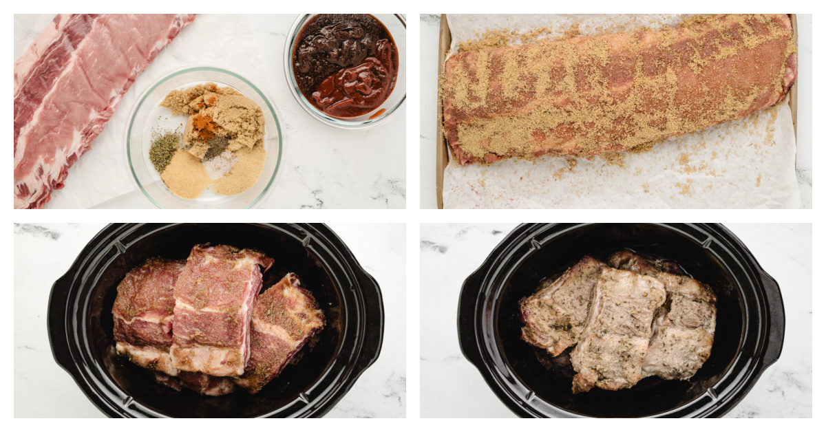 Slow Cooker Baby Back Ribs recipe from RecipeGirl.com : crockpot ribs : crock pot ribs : slow cooked pork ribs four photos showing how to make slow cooker baby back ribs