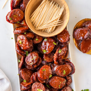 slow cooker kielbasa on platter