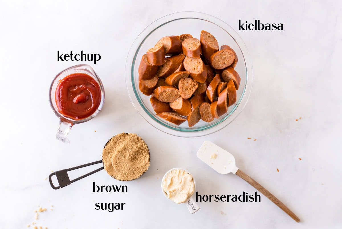 Slow Cooker Kielbasa recipe from RecipeGirl.com : Slow Cooker Candied Kielbasa appetizer ingredients displayed for making slow cooker kielbasa