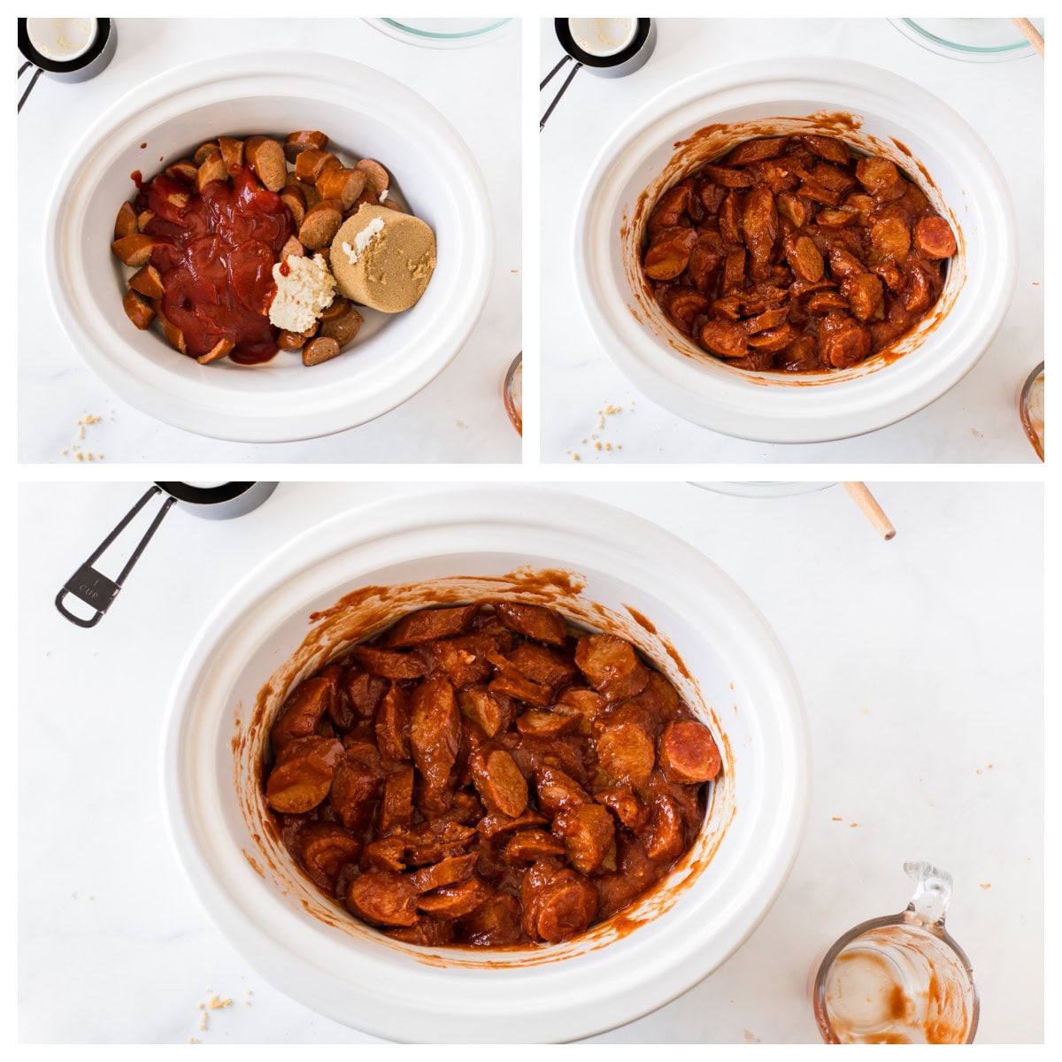 Slow Cooker Kielbasa recipe from RecipeGirl.com : Slow Cooker Candied Kielbasa appetizer three photos showing how to make slow cooker kielbasa