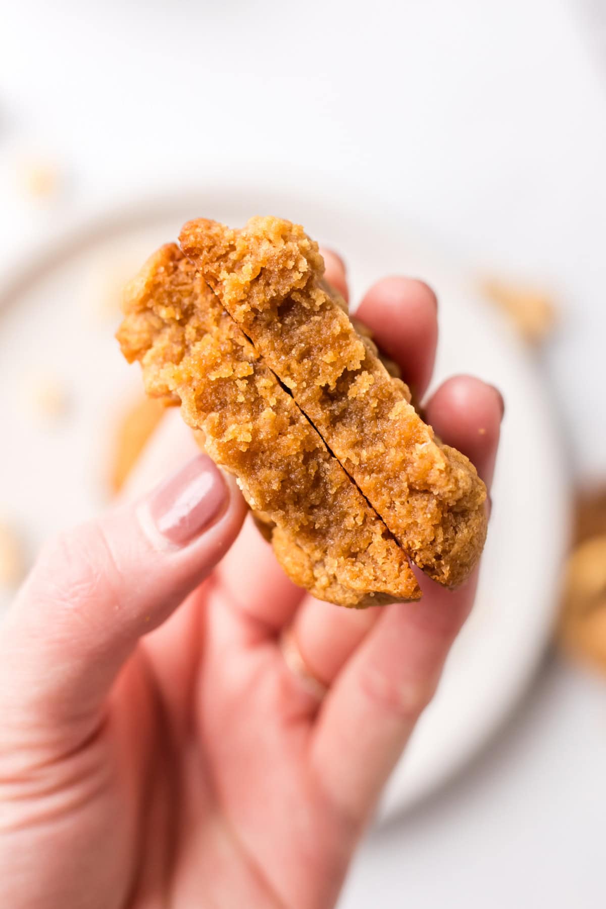 3 Ingredient PB Cookies recipe from RecipeGirl.com : classic, old fashioned peanut butter cookie recipe using just three ingredients hand holding a peanut butter cookie broken in half to show inside