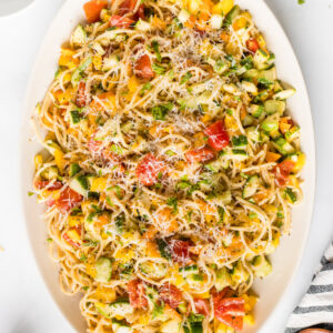 cold spaghetti salad recipe on a serving plate