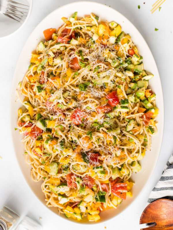 cold spaghetti salad recipe on a serving plate