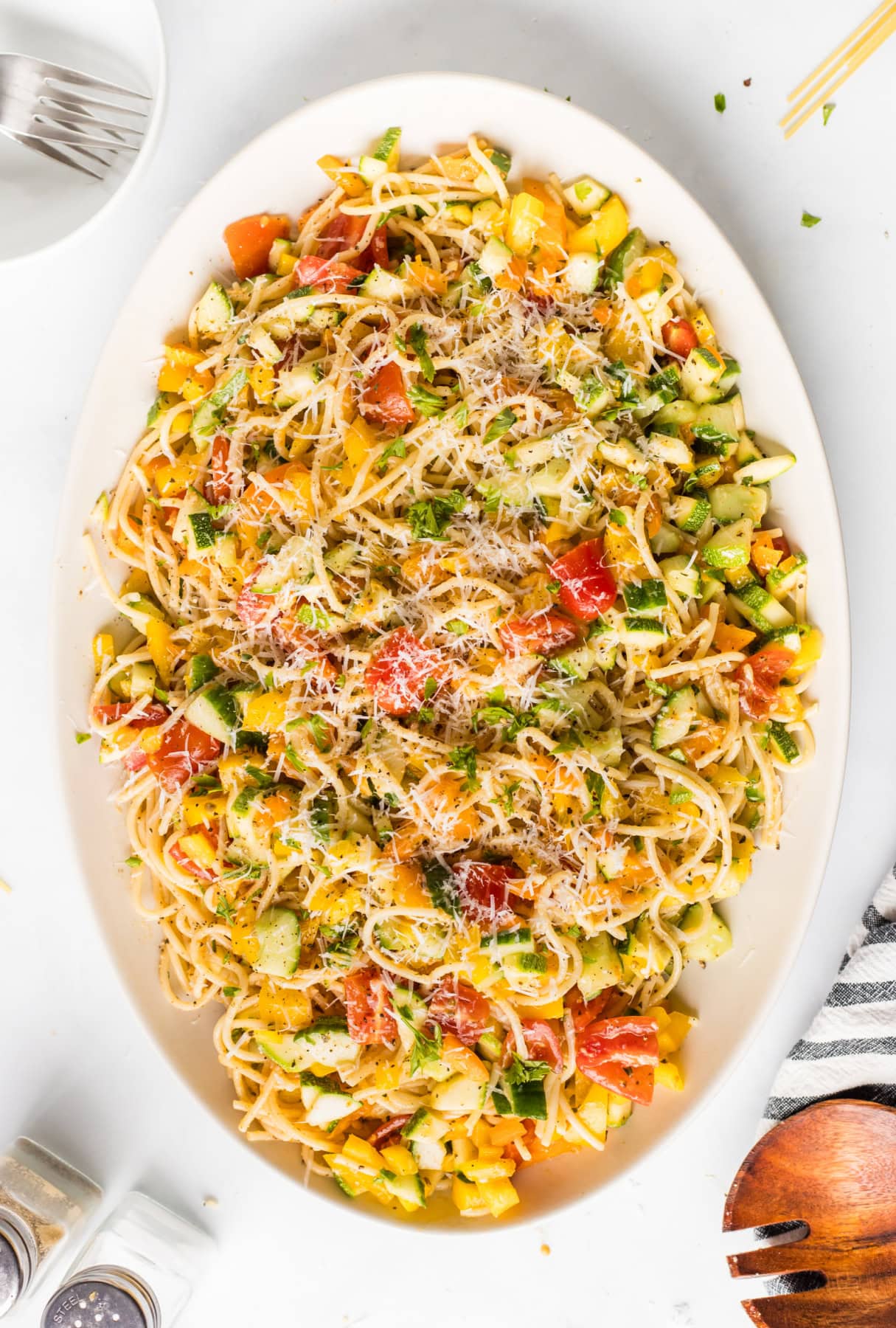 Cold Spaghetti Salad recipe from RecipeGirl.com : easy Italian pasta salad cold spaghetti salad recipe on a serving plate