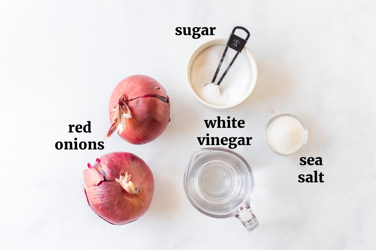 Quick Pickled Red Onions recipe from RecipeGirl.com : easy pickled onions ingredients displayed for making quick pickled red onions