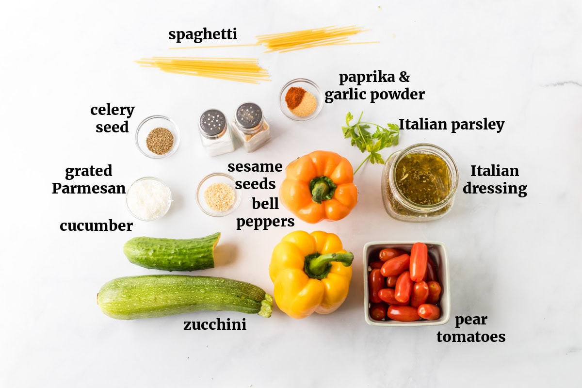 Cold Spaghetti Salad recipe from RecipeGirl.com : easy Italian pasta salad ingredients displayed for making spaghetti salad recipe