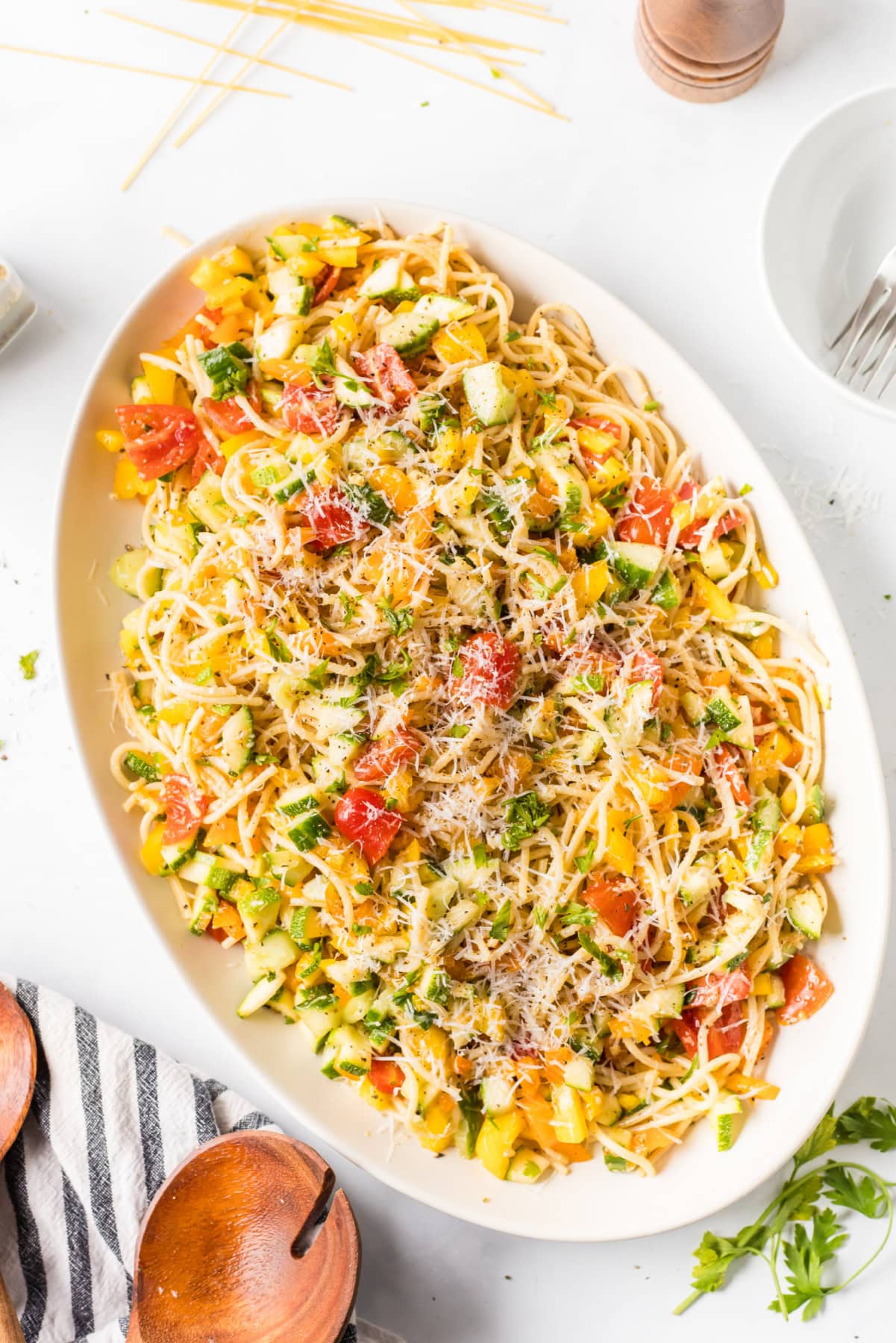 Cold Spaghetti Salad recipe from RecipeGirl.com : easy Italian pasta salad cold spaghetti salad recipe on serving dish