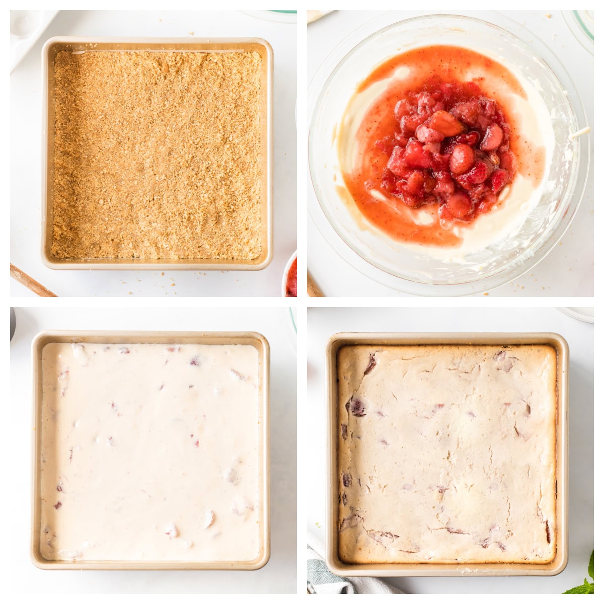 Strawberry Cheesecake Bars recipe from RecipeGirl.com four photos showing process of making strawberry cheesecake bars
