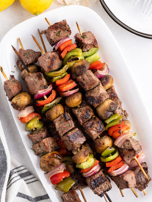 steak kabobs on a platter