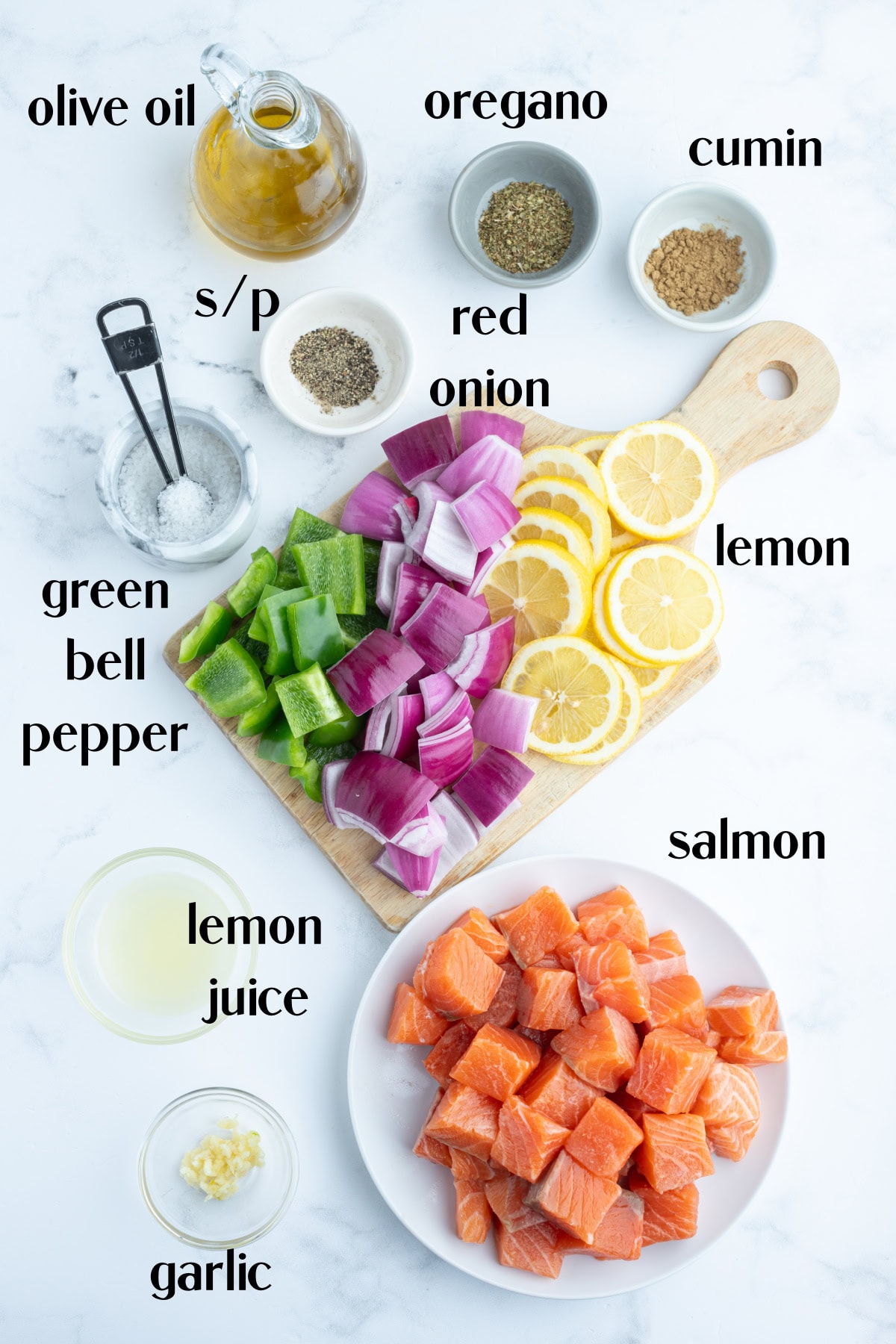Grilled Salmon and Veggie Kabobs recipe from RecipeGirl.com ingredients displayed for making grilled salmon and veggie kabobs