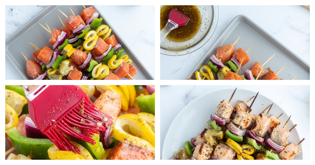 Grilled Salmon and Veggie Kabobs recipe from RecipeGirl.com four photos showing how to make grilled salmon and veggie kabobs