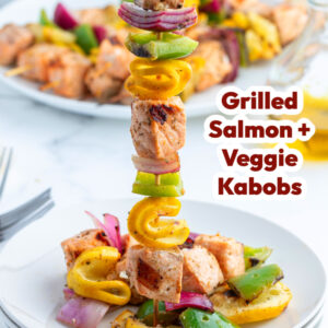 pinterest image for grilled salmon and veggie kabobs