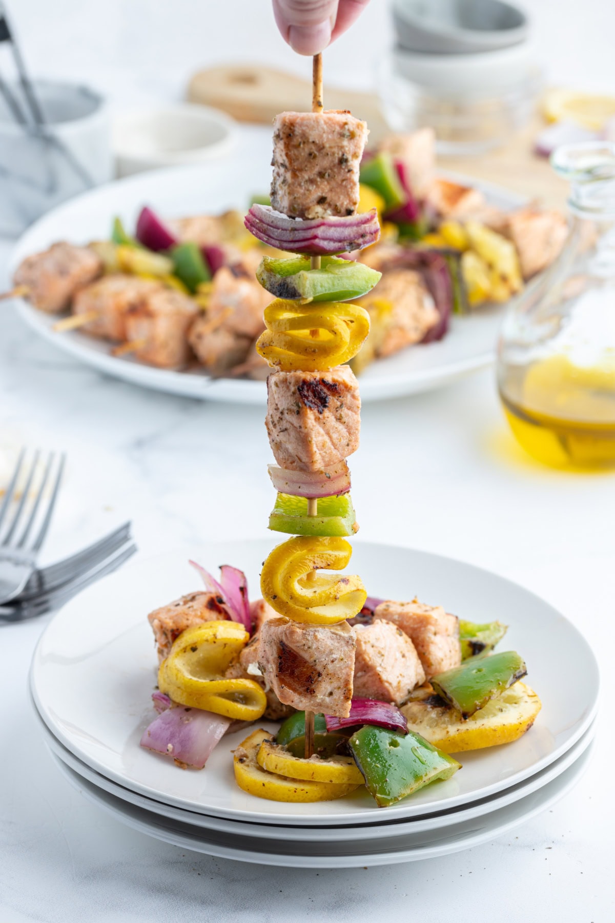 Grilled Salmon and Veggie Kabobs recipe from RecipeGirl.com grilled salmon and veggie kabobs