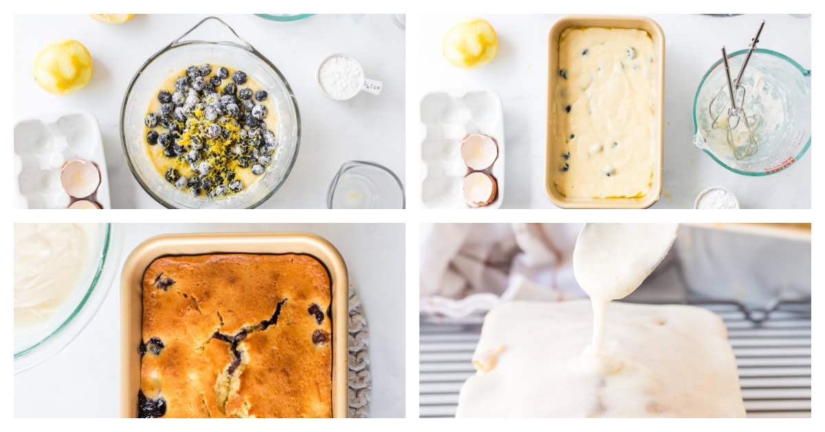 Glazed Lemon Blueberry Bread recipe from RecipeGirl.com : blueberry lemon loaf cake four photos showing how to make lemon blueberry bread