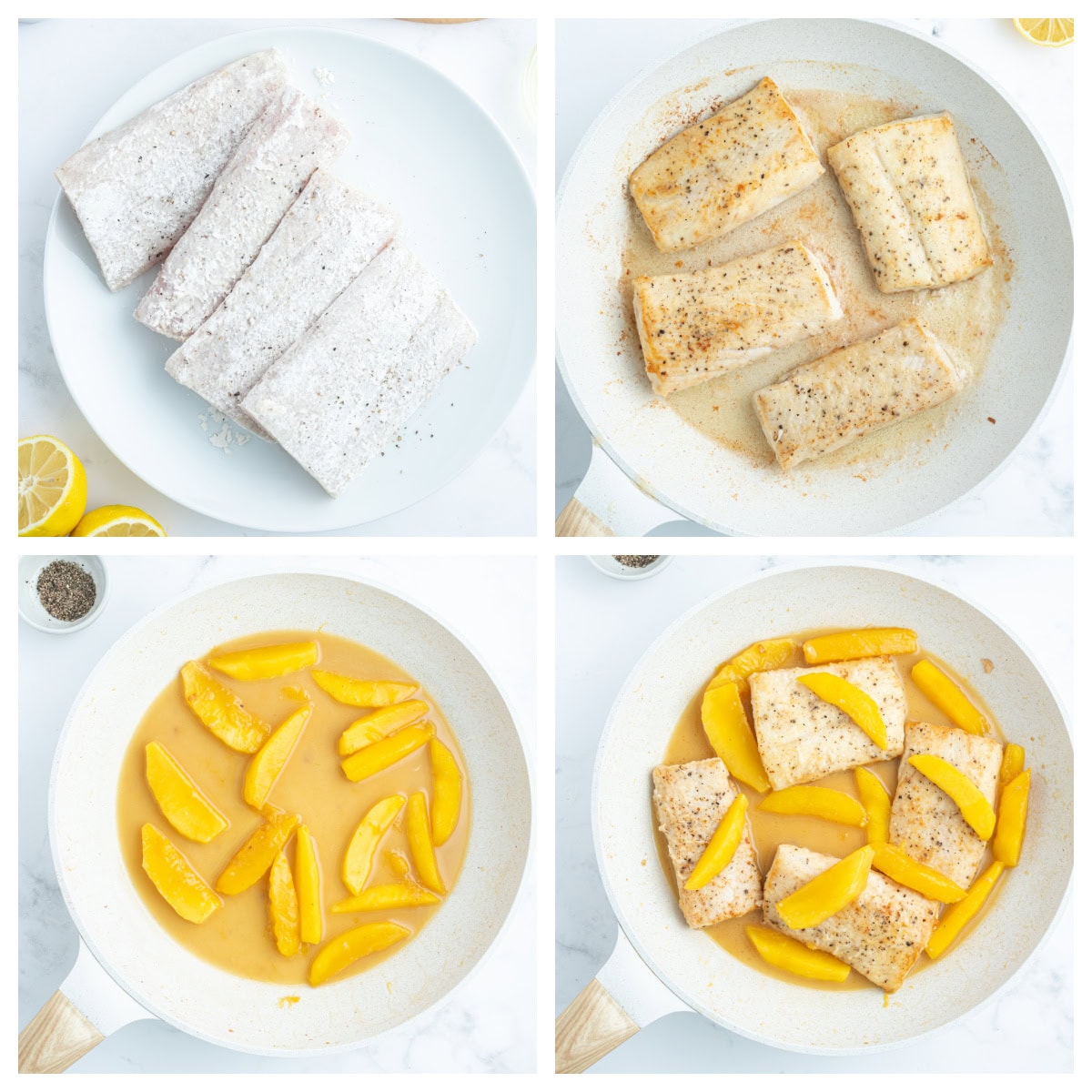 four photos showing how to make mango mahi mahi