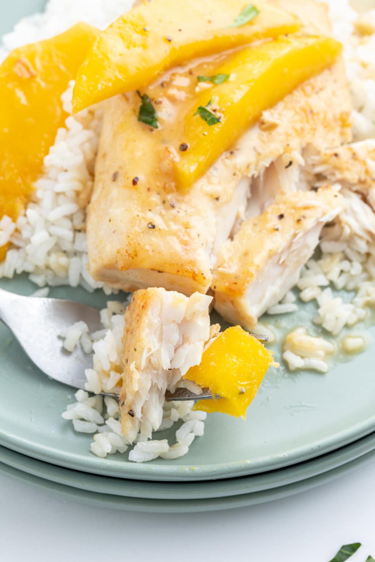 mango mahi mahi on a plate with fork full