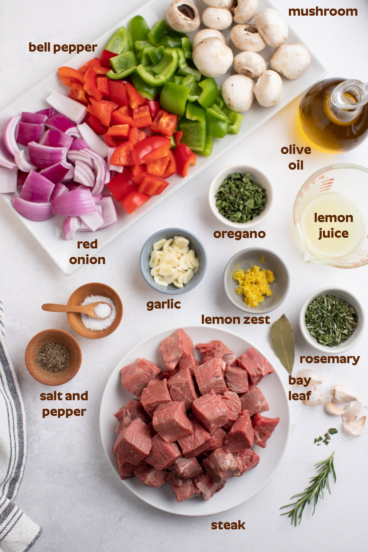 ingredients displayed for making steak kabobs