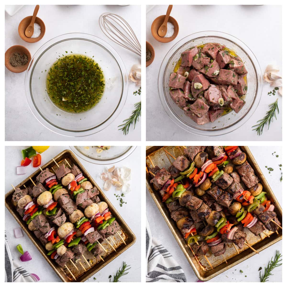 four photos showing how to make steak kabobs