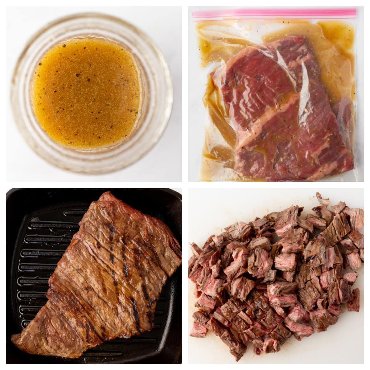 four photos showing how to make marinated and grilled steak