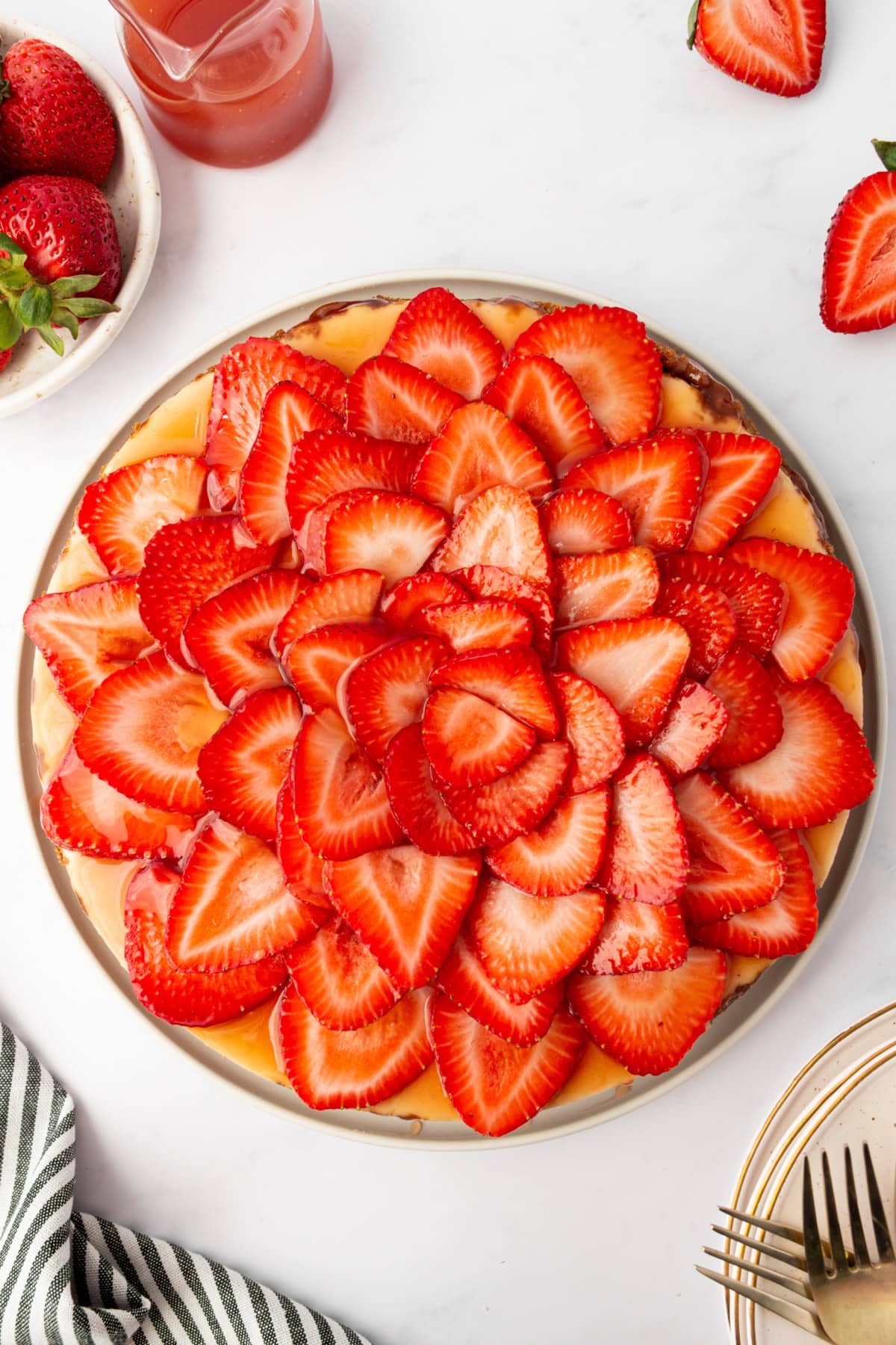 overhead shot of strawberry cheesecake