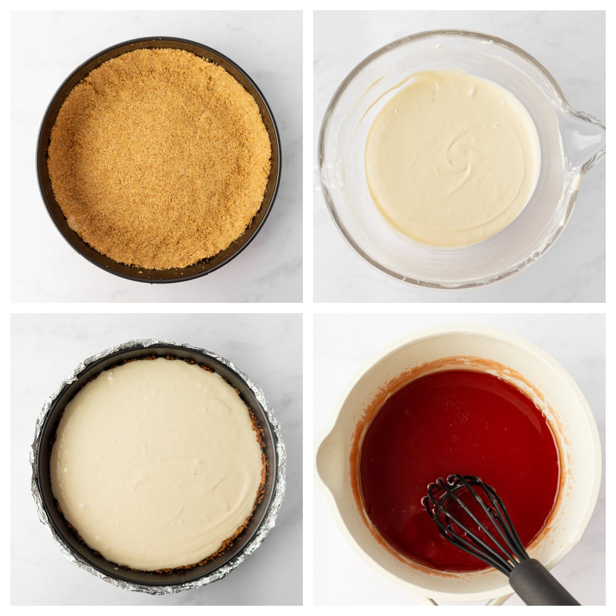 four photos showing how to make strawberry cheesecake
