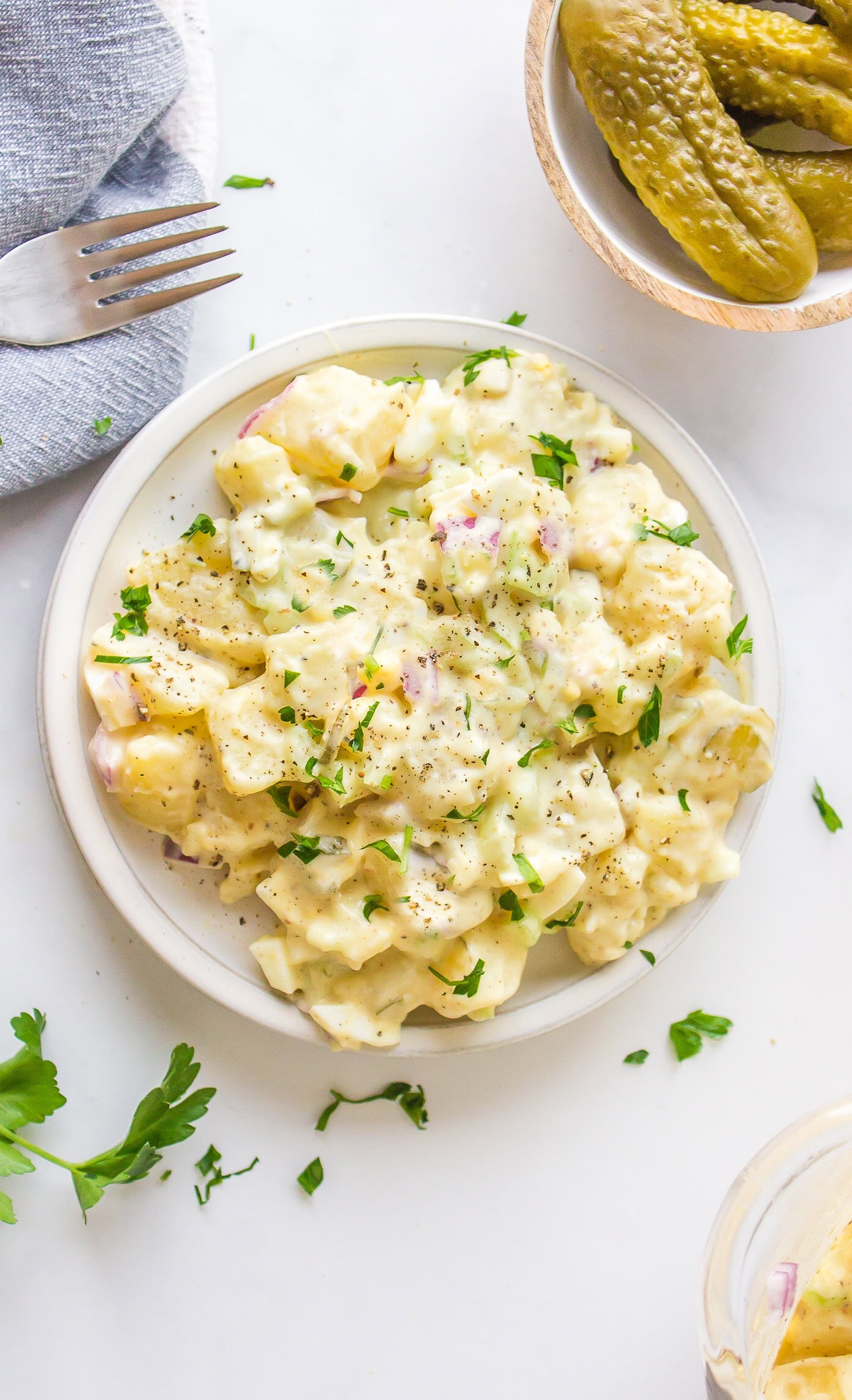 Sweet Pickle Potato Salad : a creamy potato salad recipe from RecipeGirl.com sweet pickle potato salad on plate