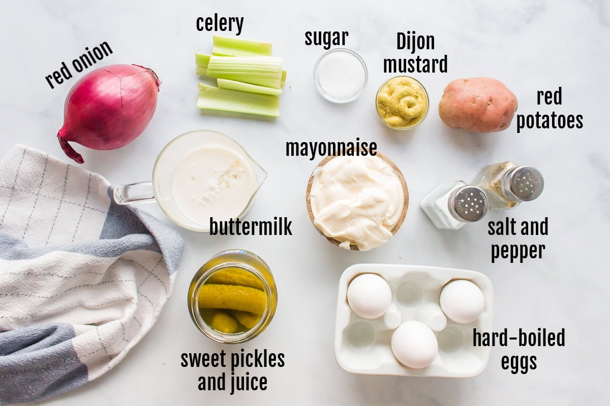 Sweet Pickle Potato Salad : a creamy potato salad recipe from RecipeGirl.com ingredients displayed for making sweet pickle potato salad