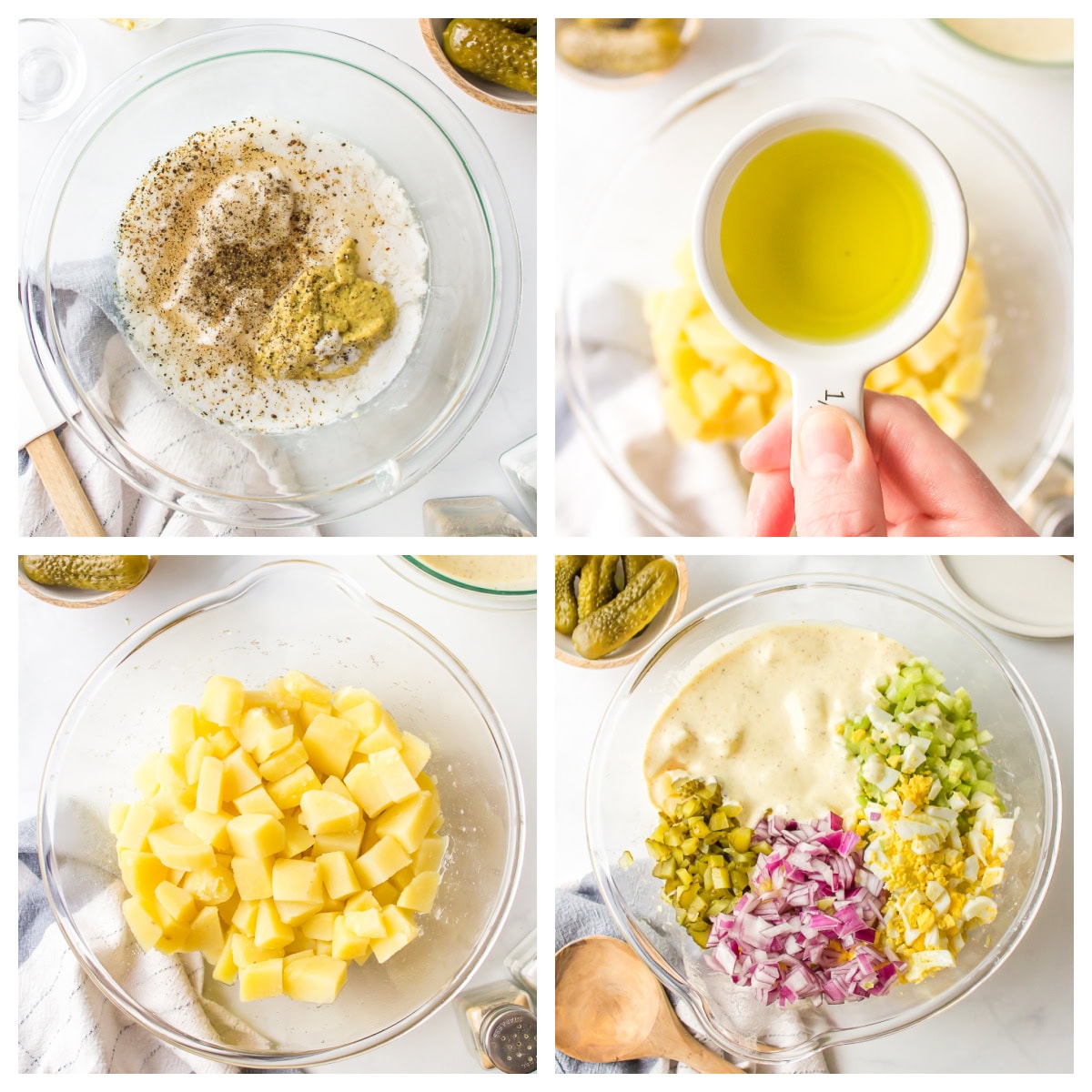 Sweet Pickle Potato Salad : a creamy potato salad recipe from RecipeGirl.com four photos sharing how to make sweet pickle potato salad
