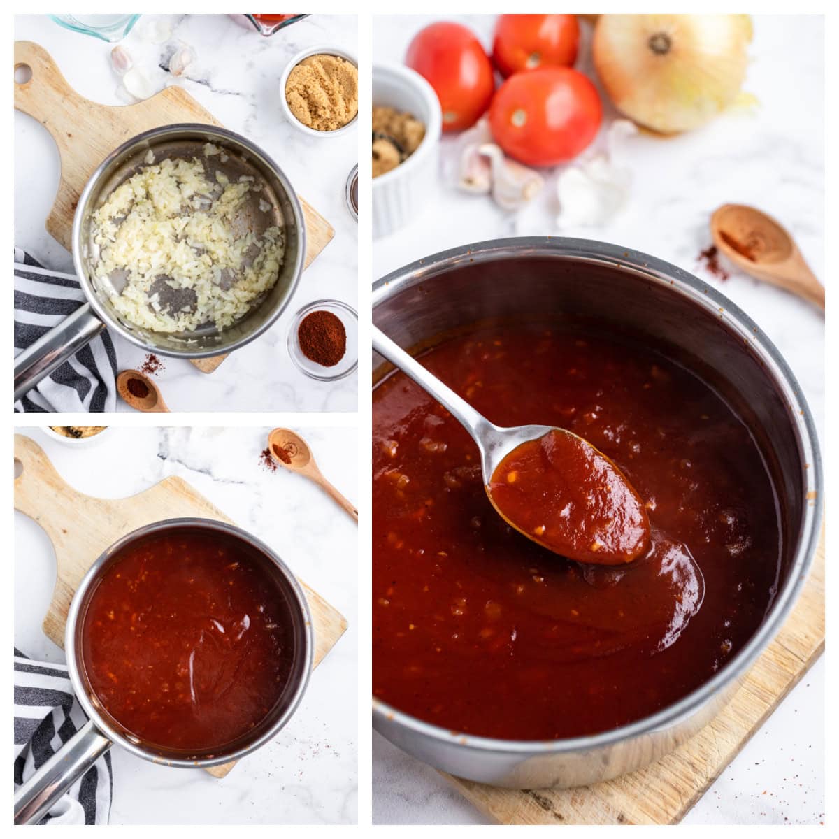 Homemade Barbecue Sauce recipe from RecipeGirl.com : sweet barbecue sauce, BBQ Sauce, Smoky Barbecue sauce three photos showing process of making homemade barbecue sauce