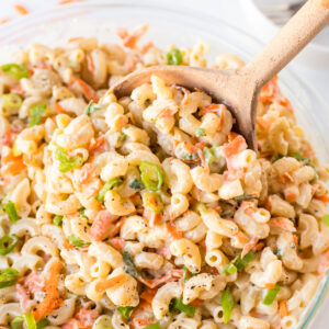 spoon in bowl of hawaiian macaroni salad