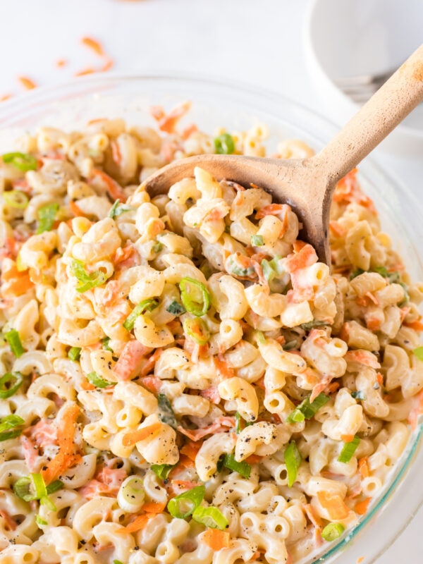 spoon in bowl of hawaiian macaroni salad