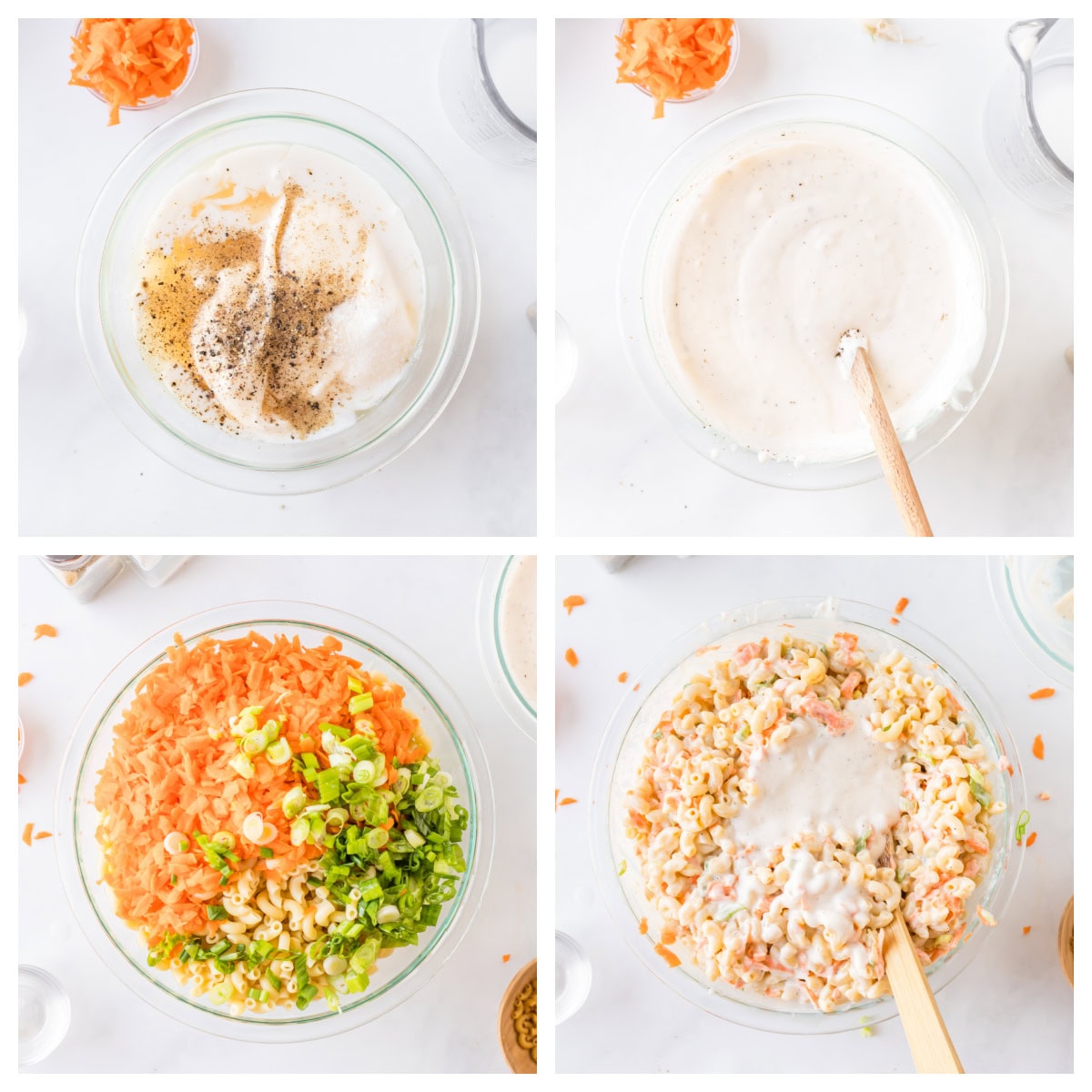 four photos showing how to make hawaiian macaroni salad