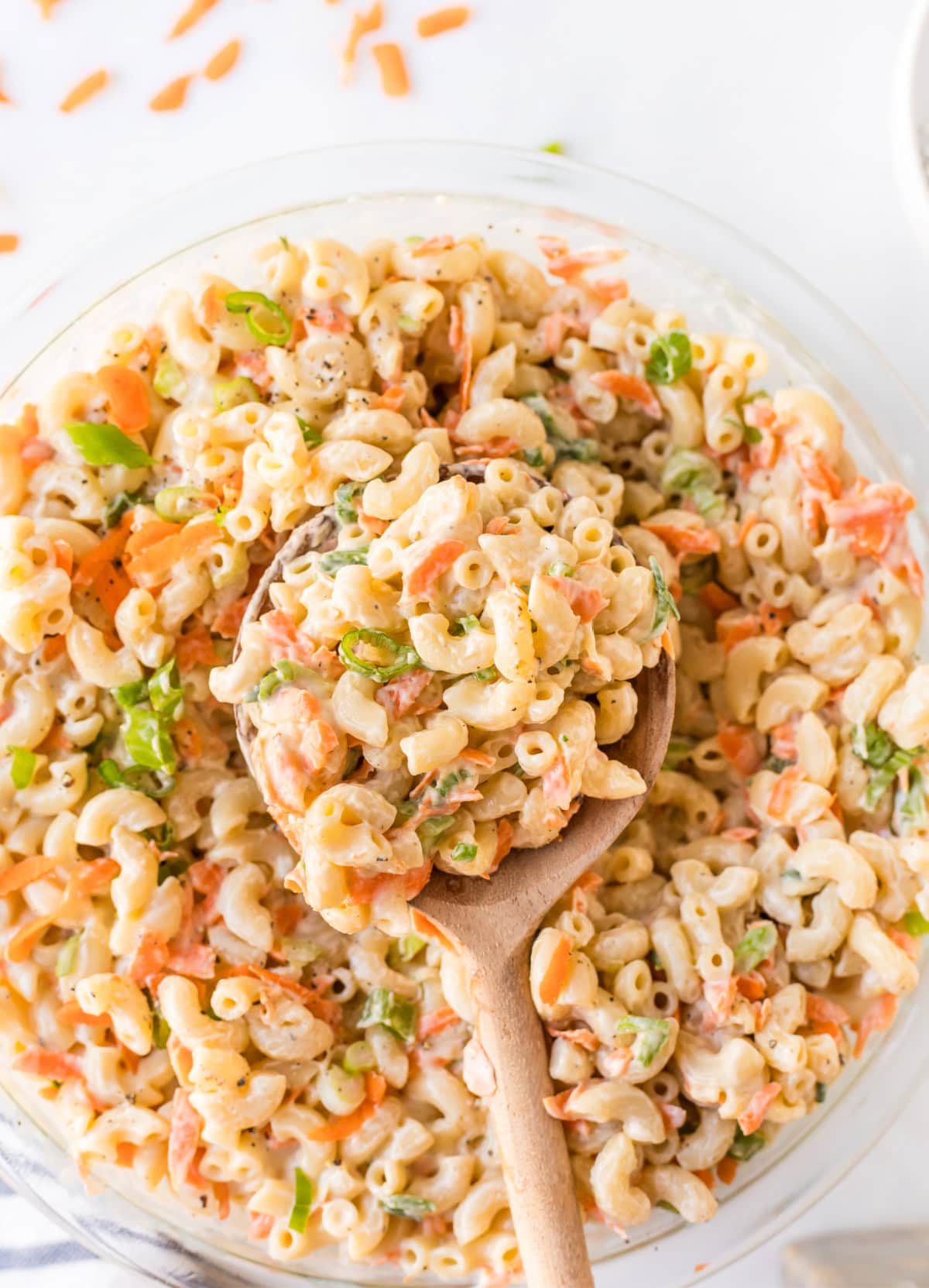 hawaiian macaroni salad in bowl with spoon