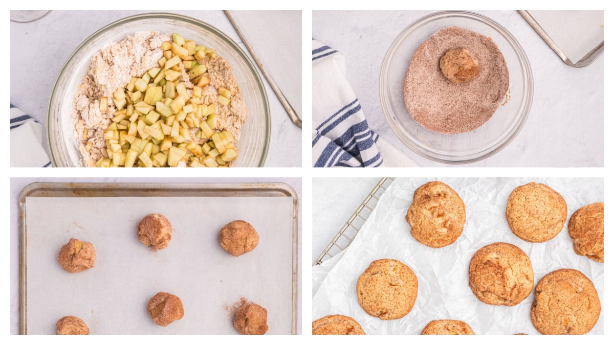 Apple Snickerdoodles are traditional snickerdoodles filled with apple cider syrup and fresh apples to create the perfect fall cookie recipe. Recipe from RecipeGirl.com four photos showing how ot make apple snickerdoodles