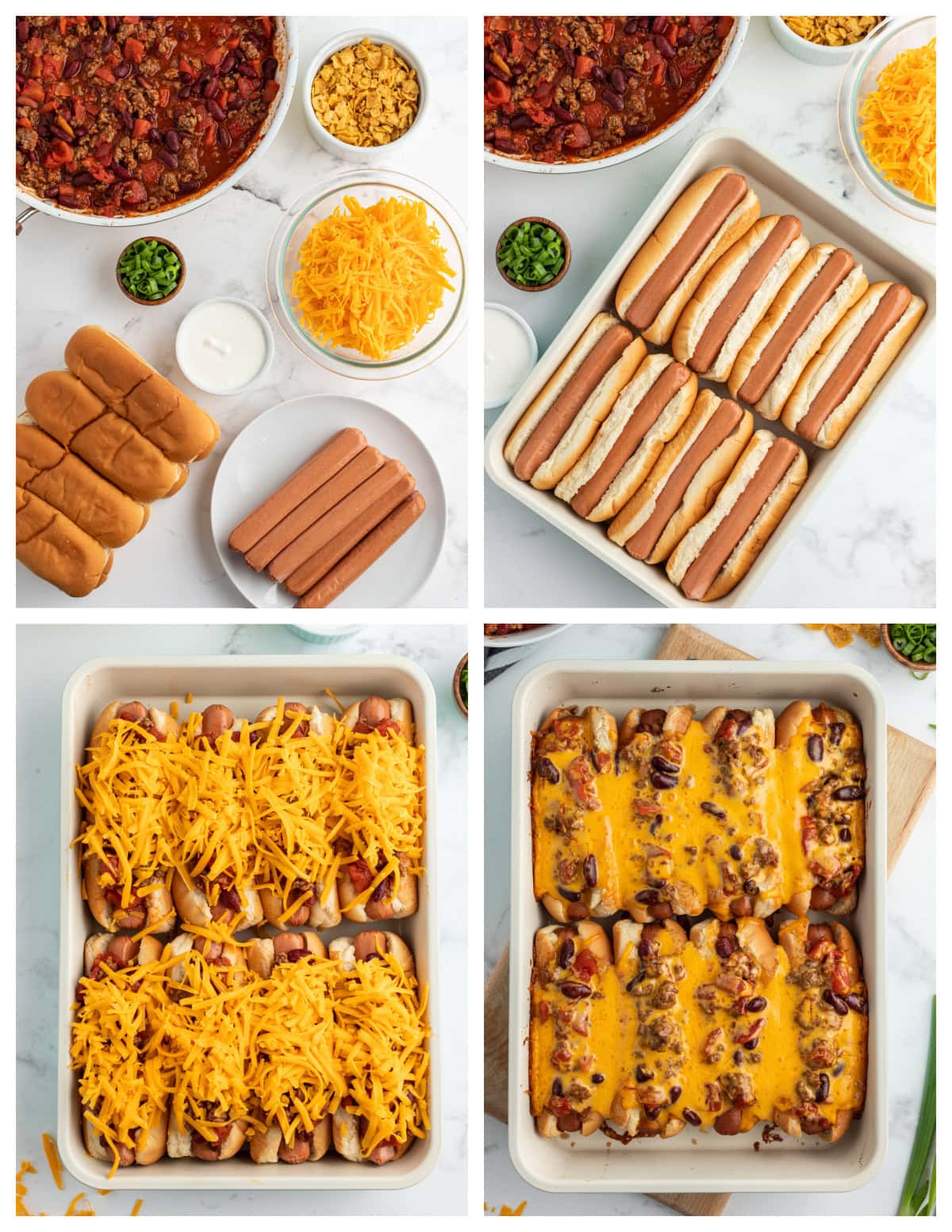 four photos showing how to make baked chili dogs