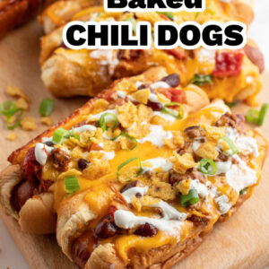 pinterest image for baked chili dogs