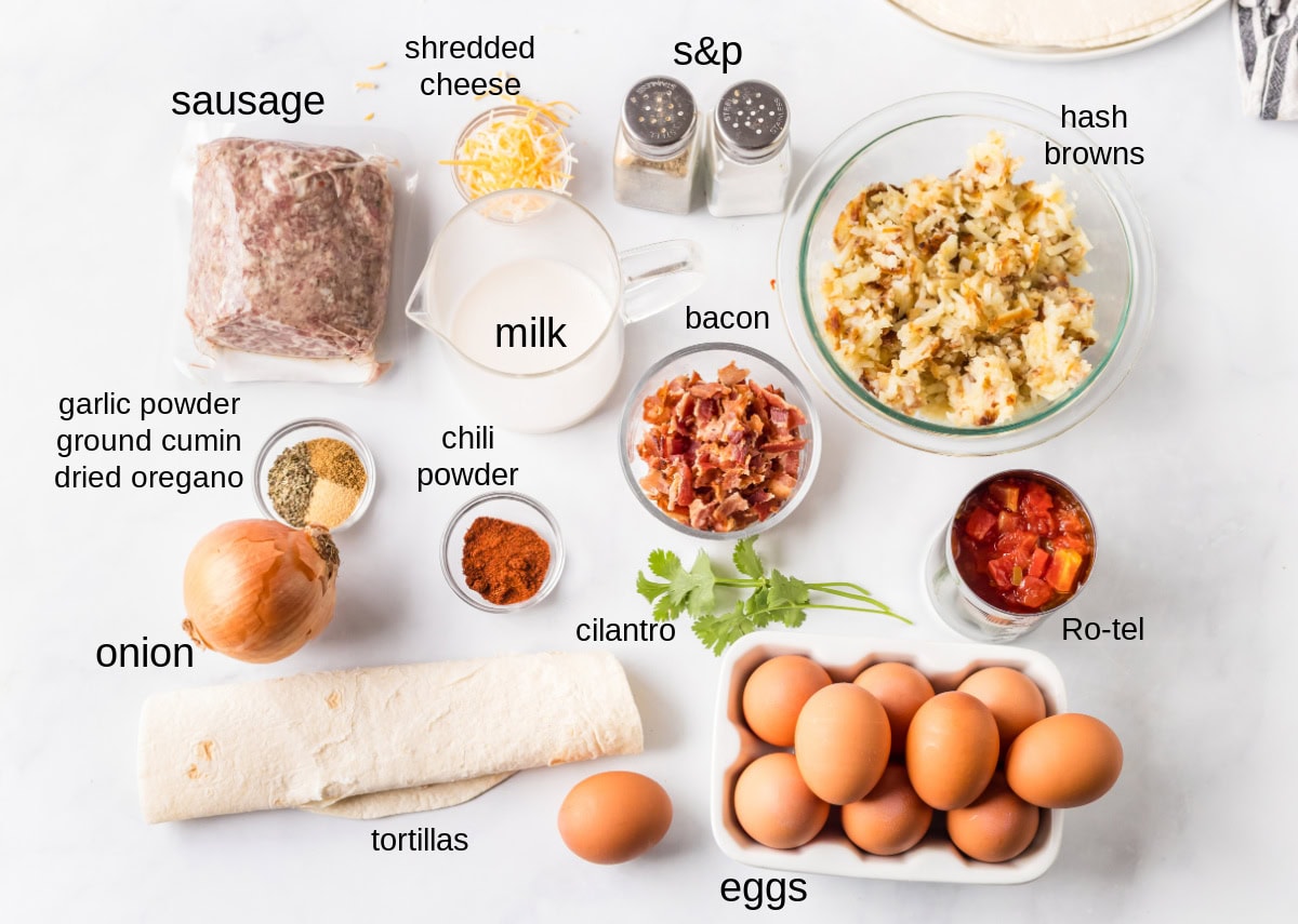 How to make Breakfast Burritos recipe from RecipeGirl.com : scrambled eggs, sausage, hash browns and cheese ingredients displayed for making breakfast burritos