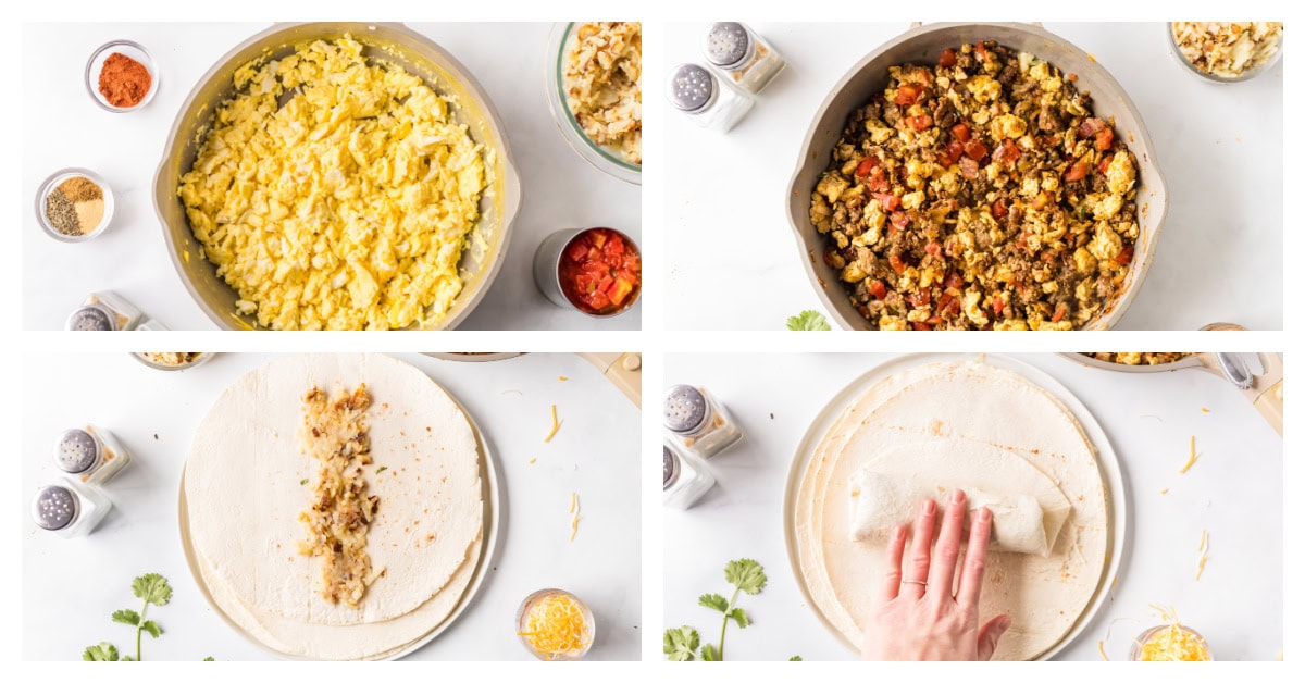 How to make Breakfast Burritos recipe from RecipeGirl.com : scrambled eggs, sausage, hash browns and cheese four photos showing how to make breakfast burritos