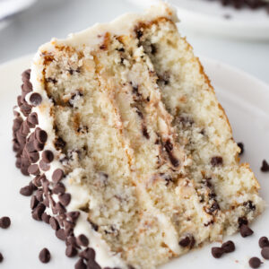 slice of chocolate chip cheesecake cake on a plate