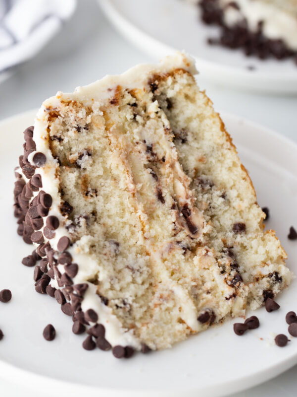 slice of chocolate chip cheesecake cake on a plate