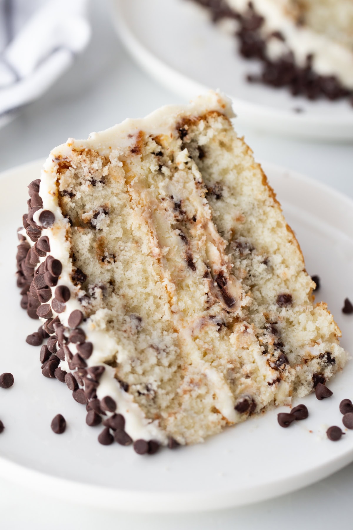 Chocolate Chip Cheesecake Cake recipe from RecipeGirl.com slice of chocolate chip cheesecake cake on a plate