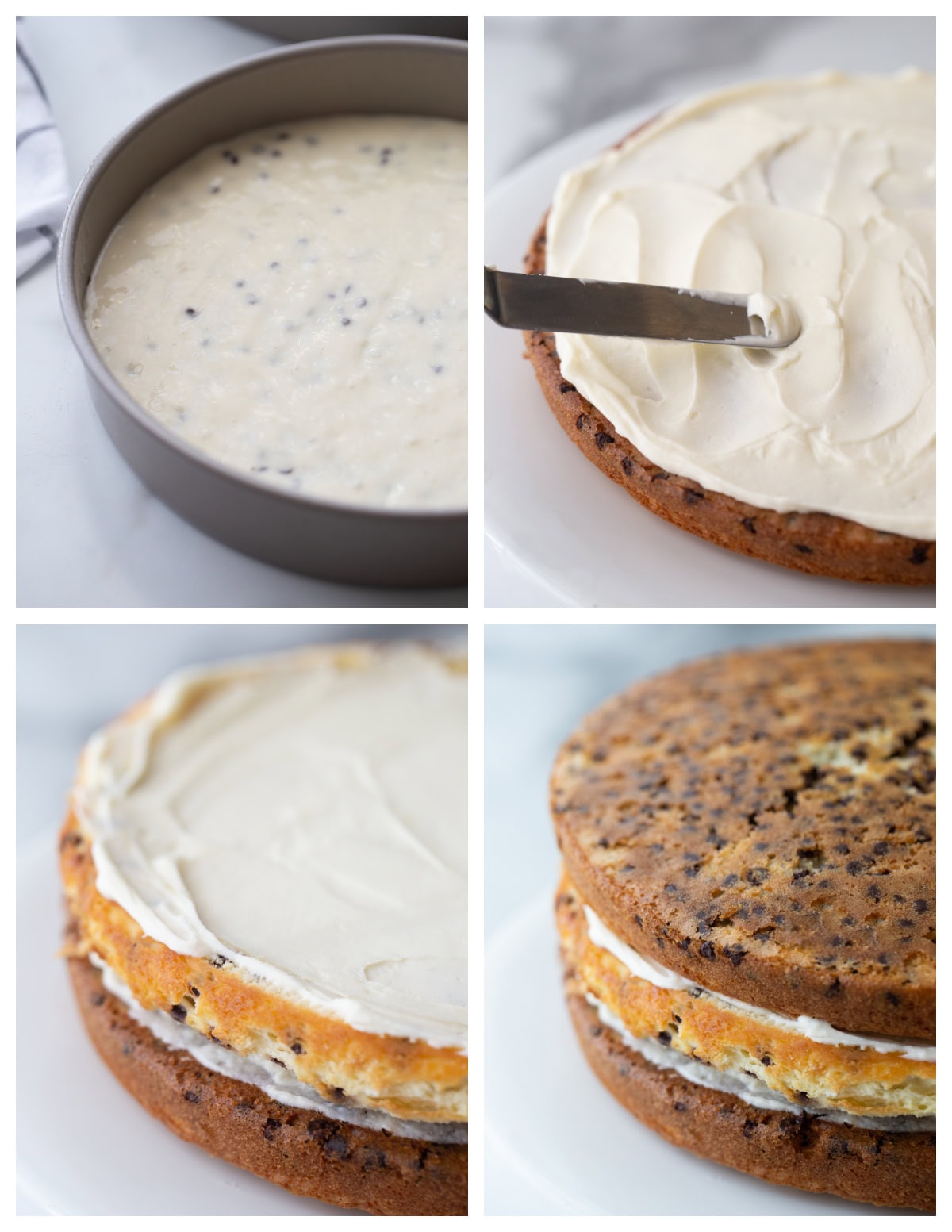 Chocolate Chip Cheesecake Cake recipe from RecipeGirl.com four photos showing how to assemble a chocolate chip cheesecake cake