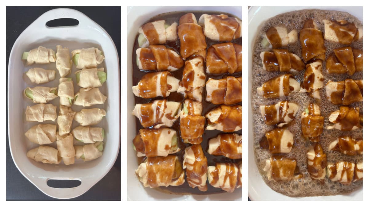 three photos showing how to make crescent apple dumplings