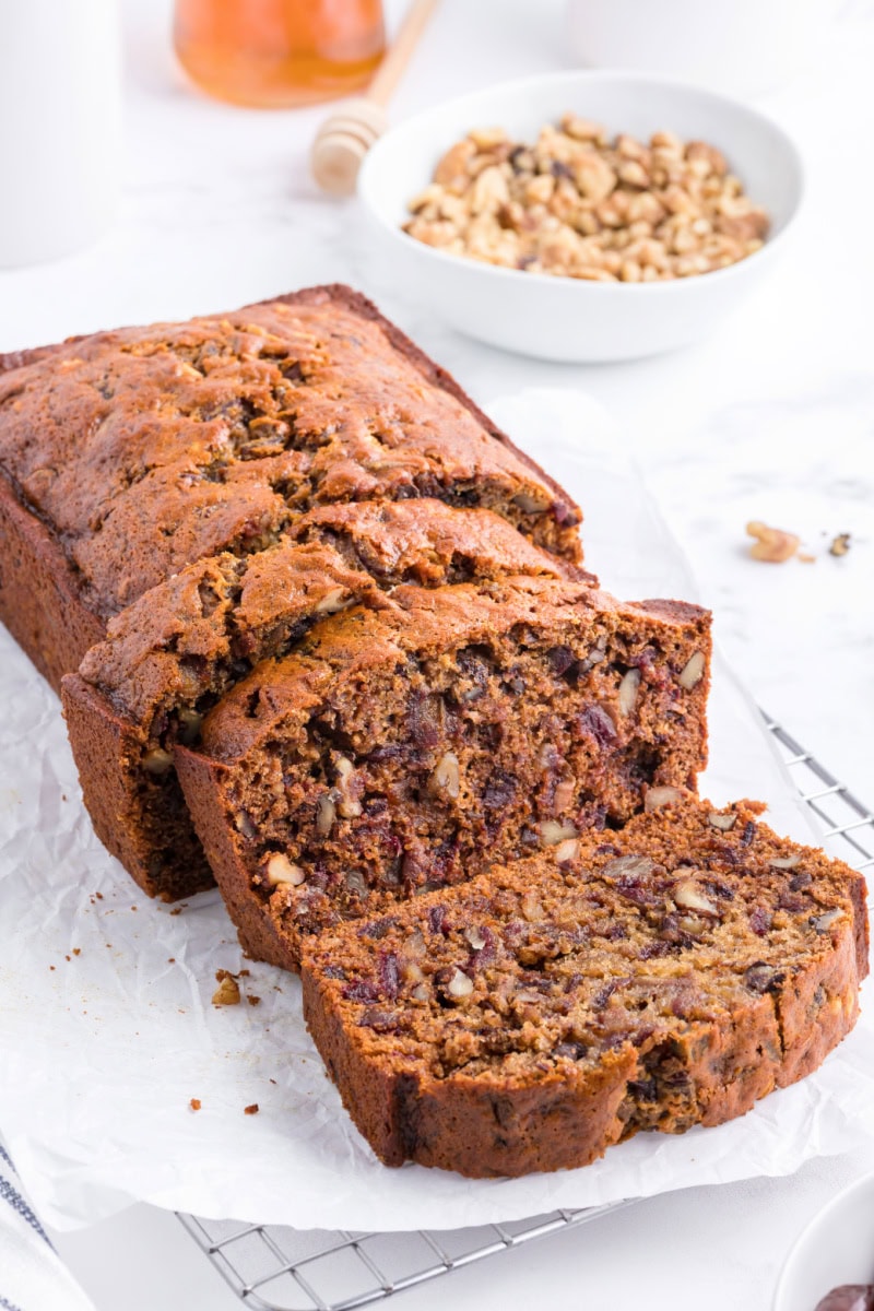 loaf of date nut bread sliced