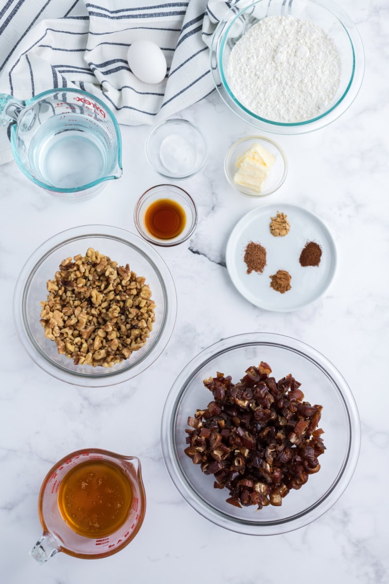 ingredients for date nut bread displayed
