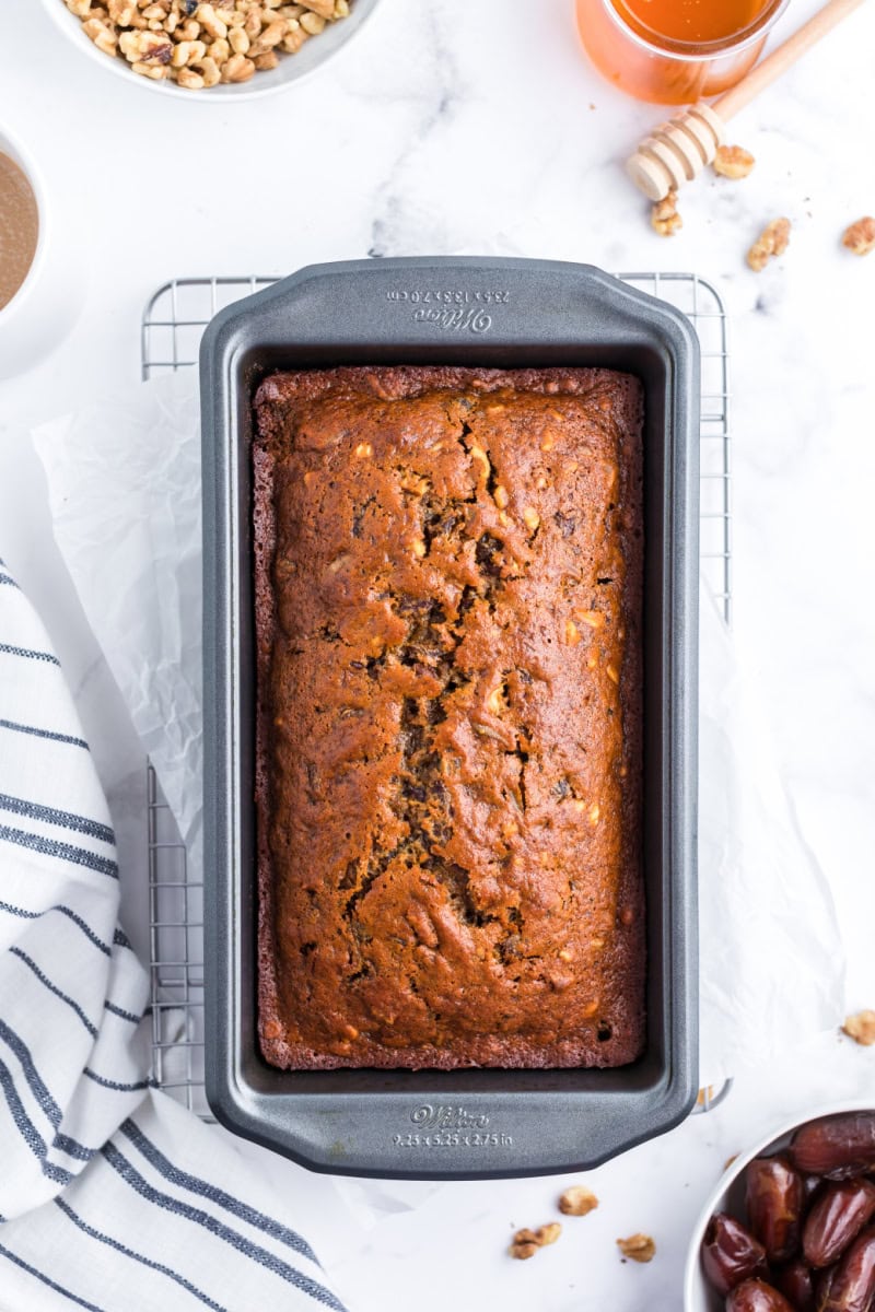 loaf pan of date nut bread