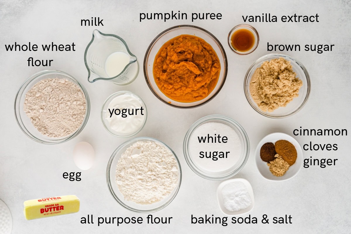 Healthy Pumpkin Muffins recipe from RecipeGirl.com ingredients displayed for making healthy pumpkin muffins